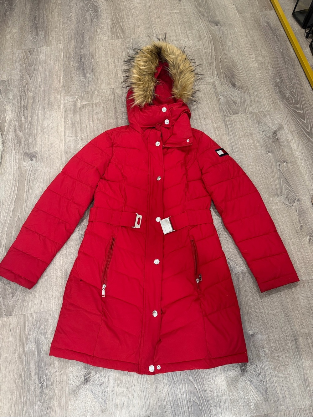 Tommy Hilfiger Red Quilted Puffer Coat with Faux Fur Trimmed Hood
